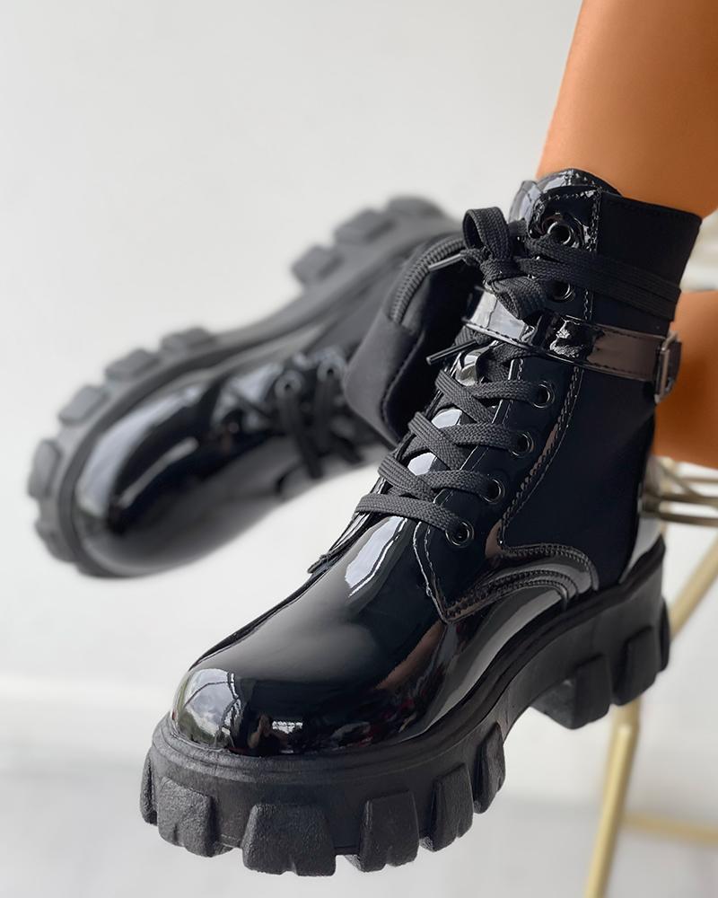 

Eyelet Lace-up Pocket Design Combat Boots, Black