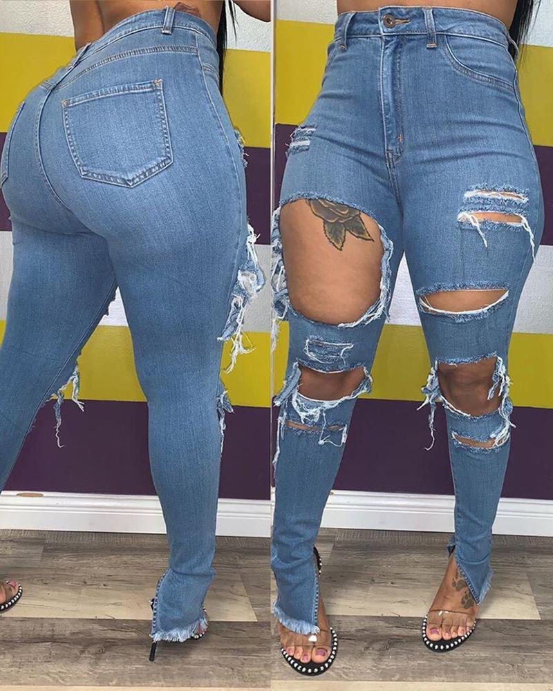 

Ripped Cutout Fringe Hem Denim Pants, Blue