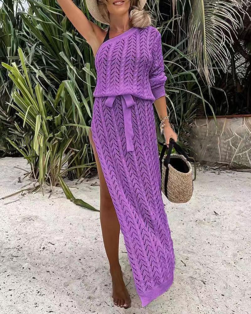 

One Shoulder High Slit Hollow Out Crochet Cover Up Beach Dress, Purple