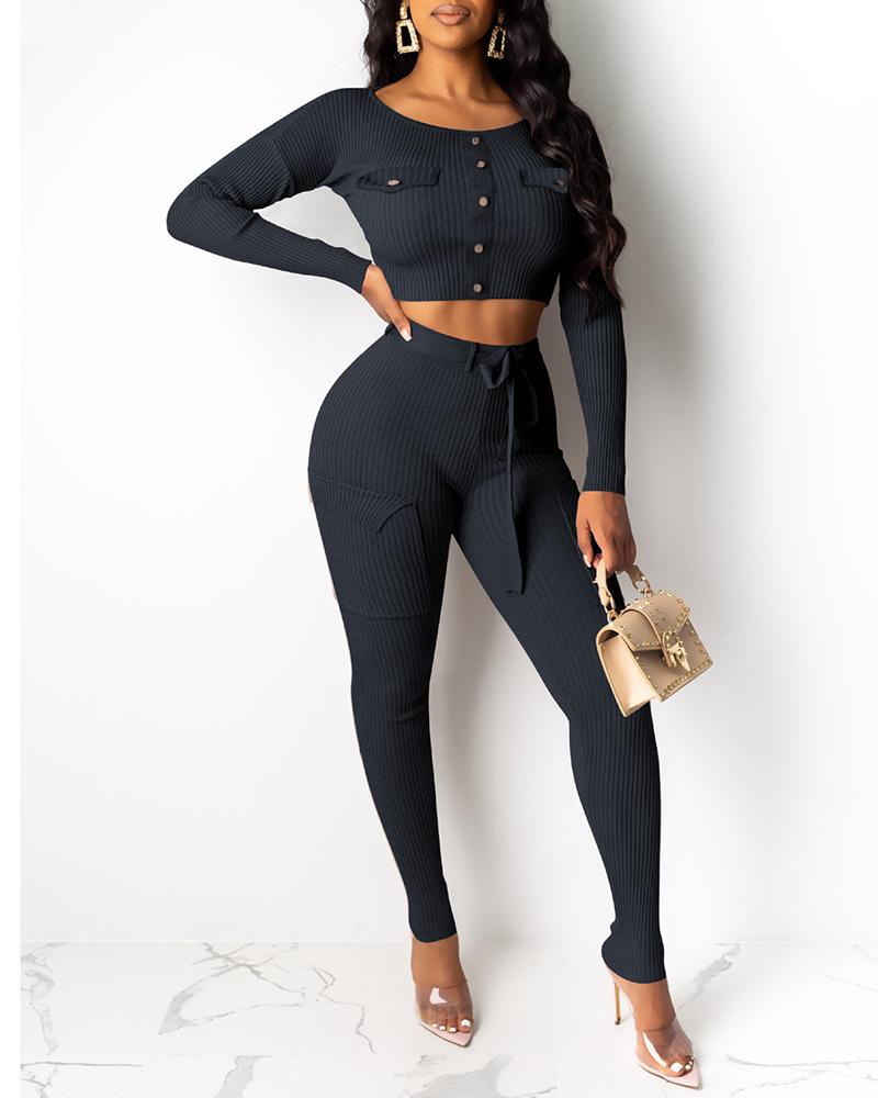 

Buttoned Ribbed Pocket Crop Top & Drawstring Pants Sets, Black