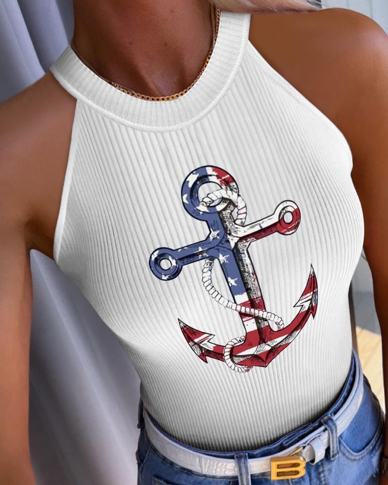 

Independence Day Anchor Flag Print O-Neck Tank Top, White