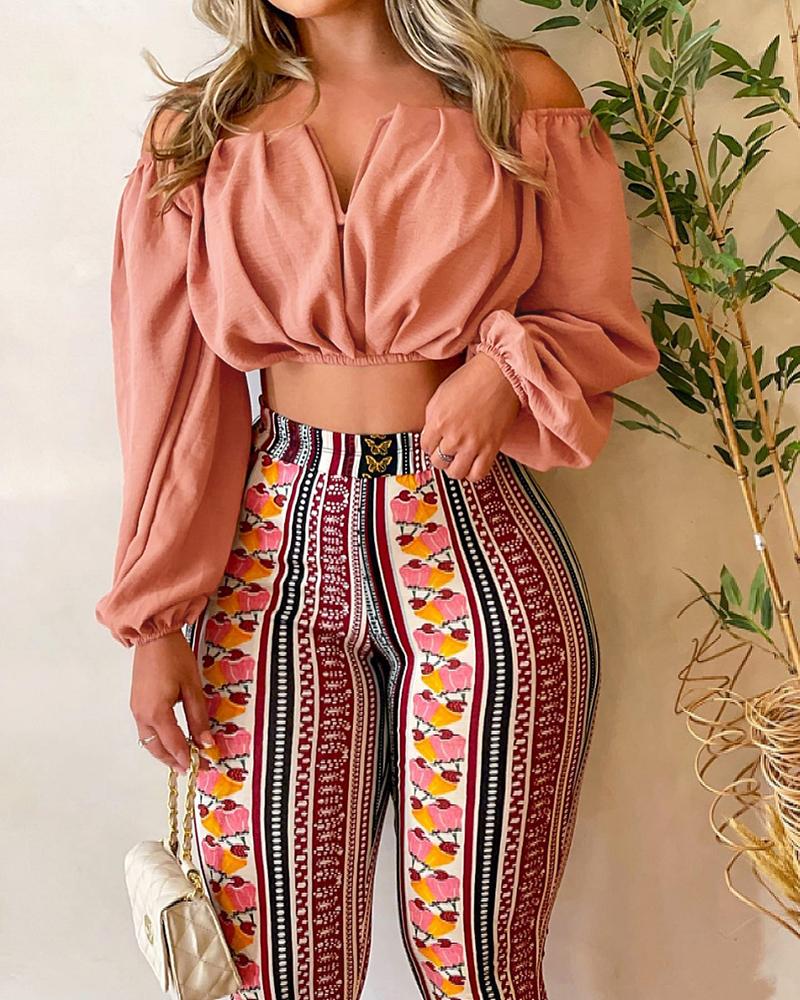 

Off Shoulder Ruched Top & Tribal Print Pants Set, Pink