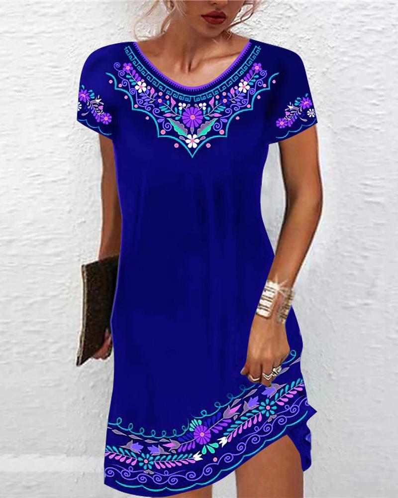 

Floral Tribal Print Short Sleeve Casual Dress, Blue