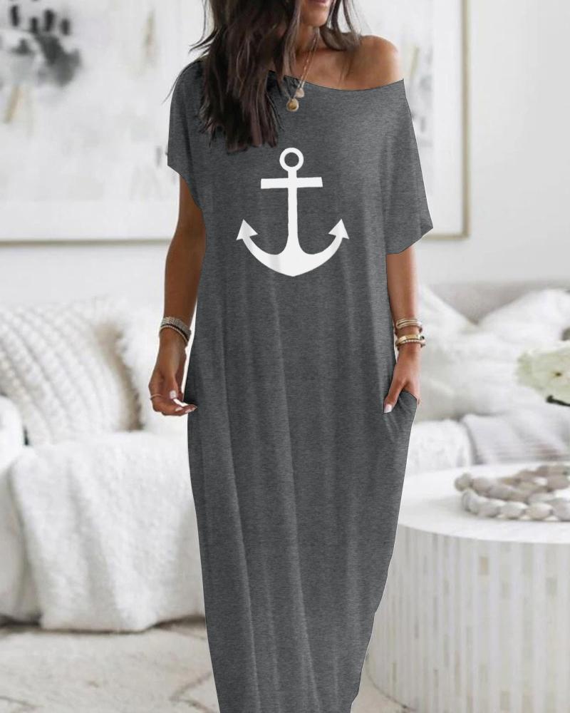 

Vestido largo holgado informal con diseño de bolsillos, manga corta, hombros descubiertos y estampado de ancla, Gray