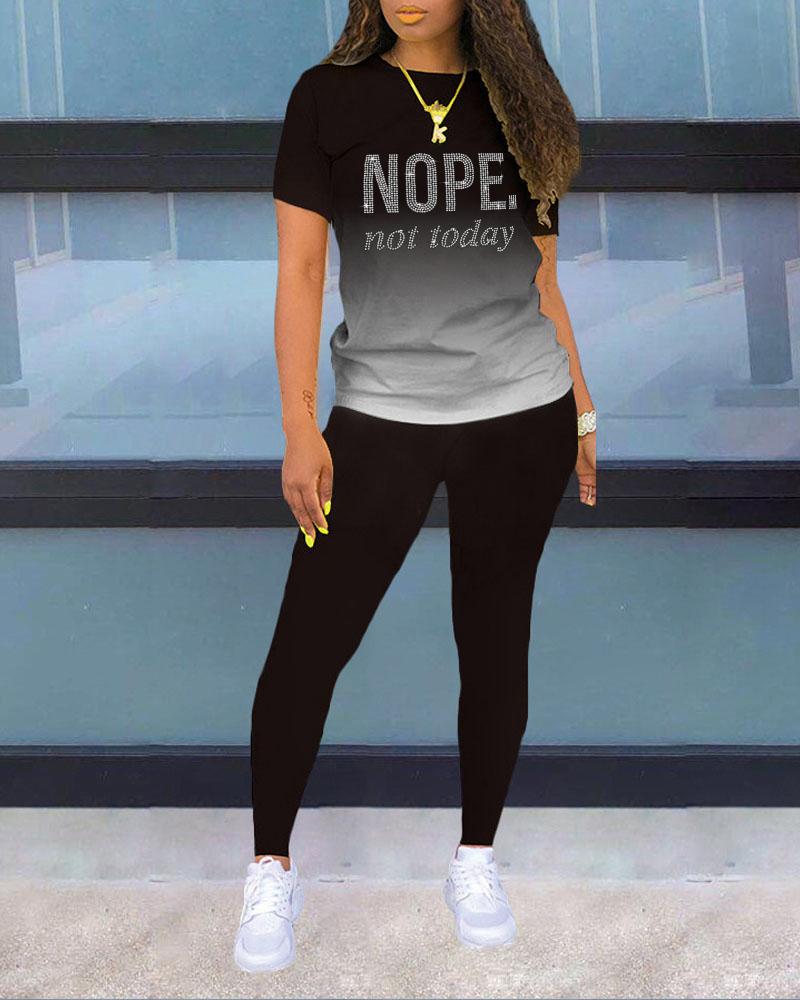 

Nope Not Today Rhinestone Ombre Casual Top & Pants Set, Black
