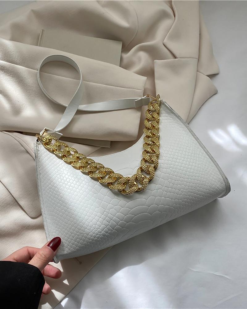

Croc Embossed Chain Decor Baguette Bag, White