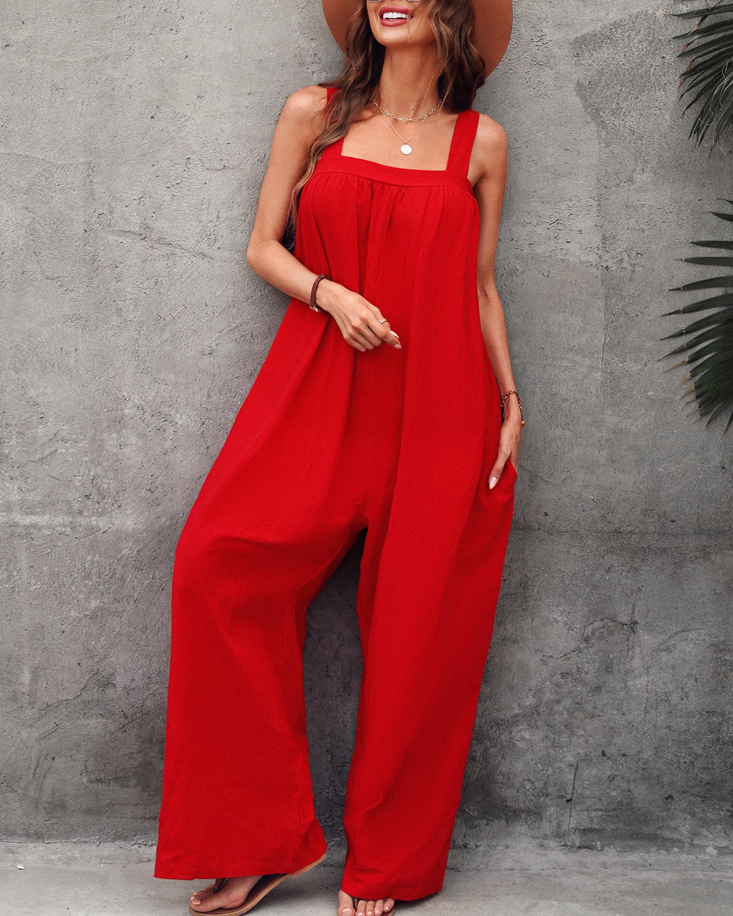 

Wide Strap Flare Leg Jumpsuit, Red