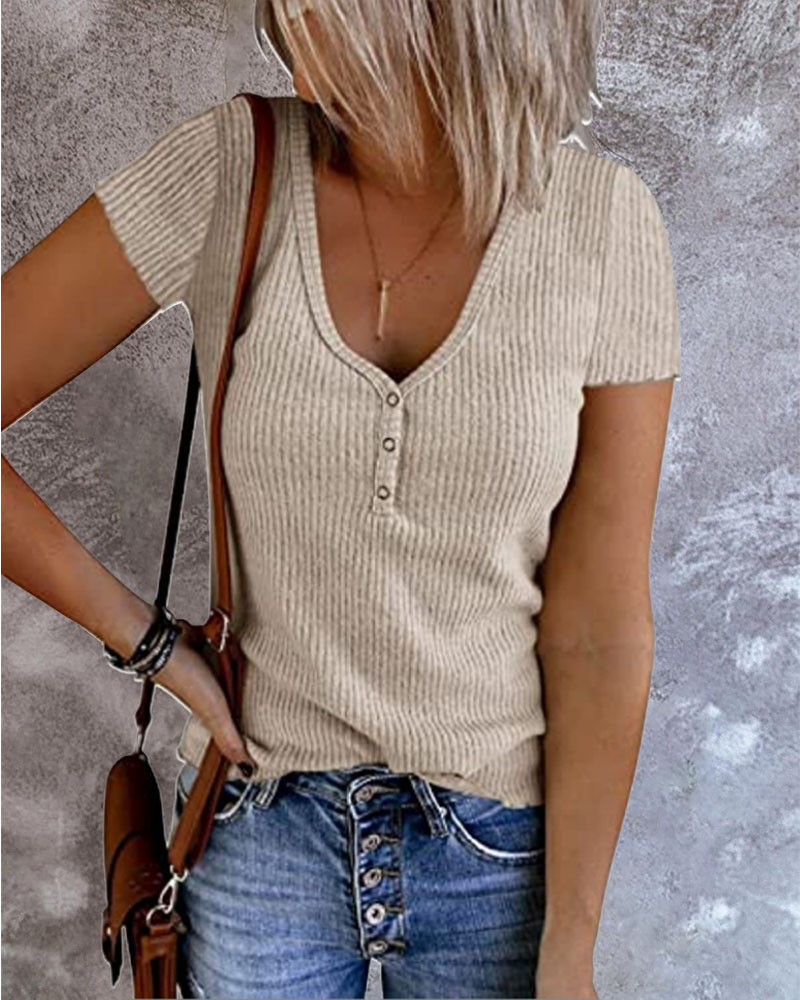 

Short Sleeve Button Front V-Neck Casual T-shirt, Apricot