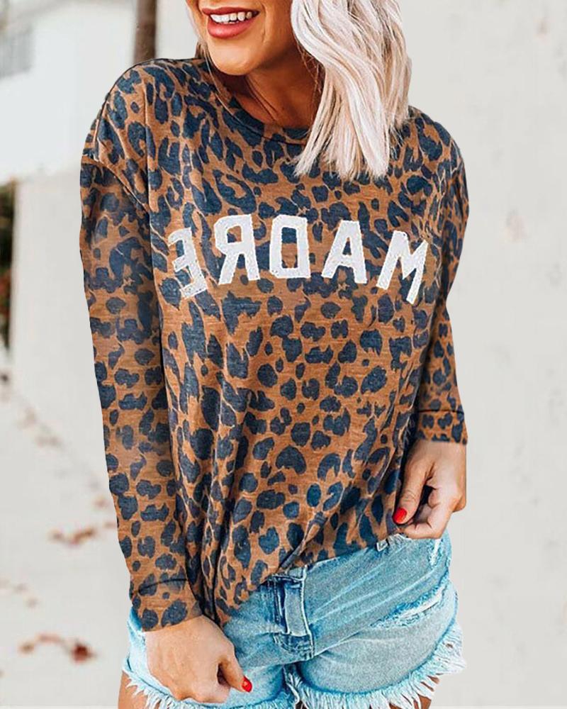 

Letter Cheetah Print Long Sleeve T-Shirt, Style3