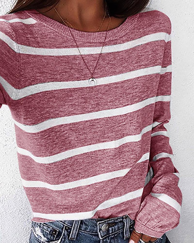 

Striped Print Long Sleeve T-shirt, Pink