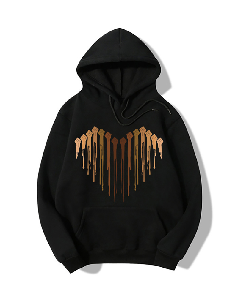 

Heart Print Pocket Desigh Hooded Sweatshirt, Black