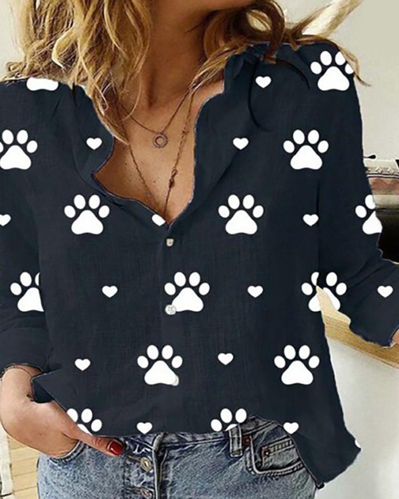 

Paw Print Long Sleeve Casual Shirt, Black