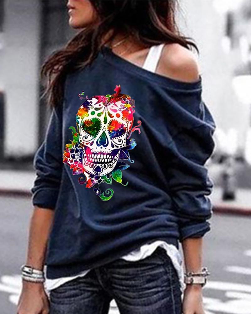 

Skull Print Long Sleeve Casual Sweatshirt, Dark blue