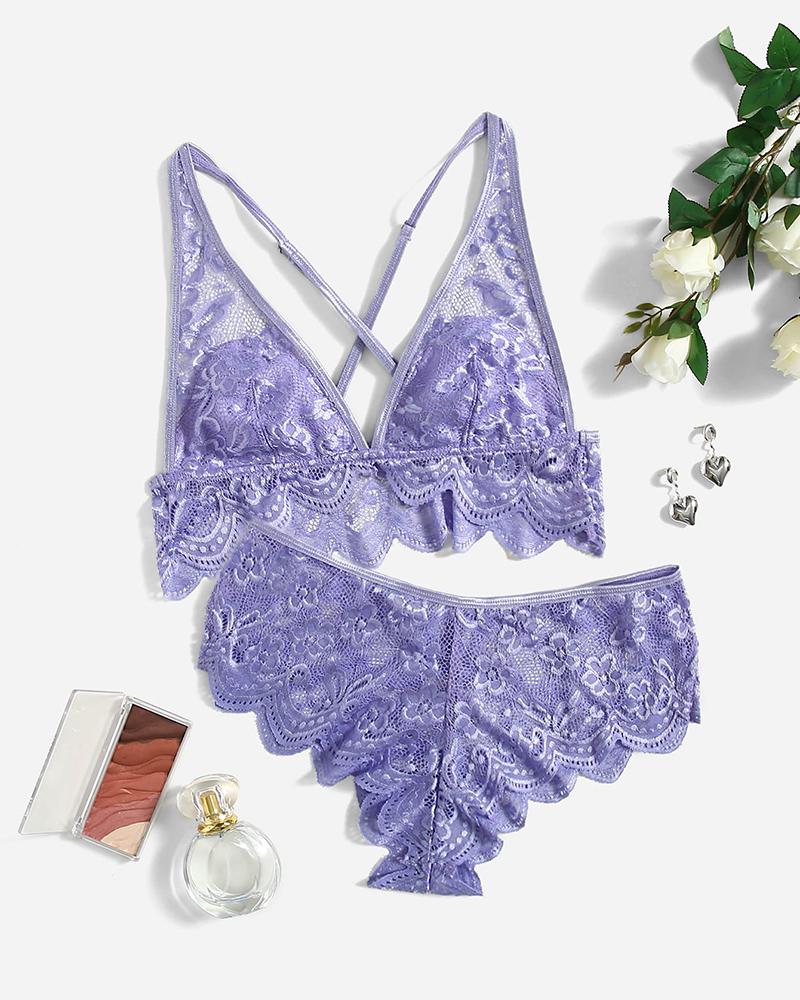 

Crisscross Backless Crochet Lace Lingerie Set, Purple