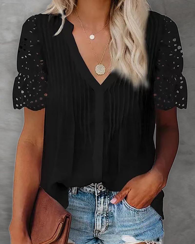 

V-Neck Eyelet Embroidery Casual T-shirt, Black