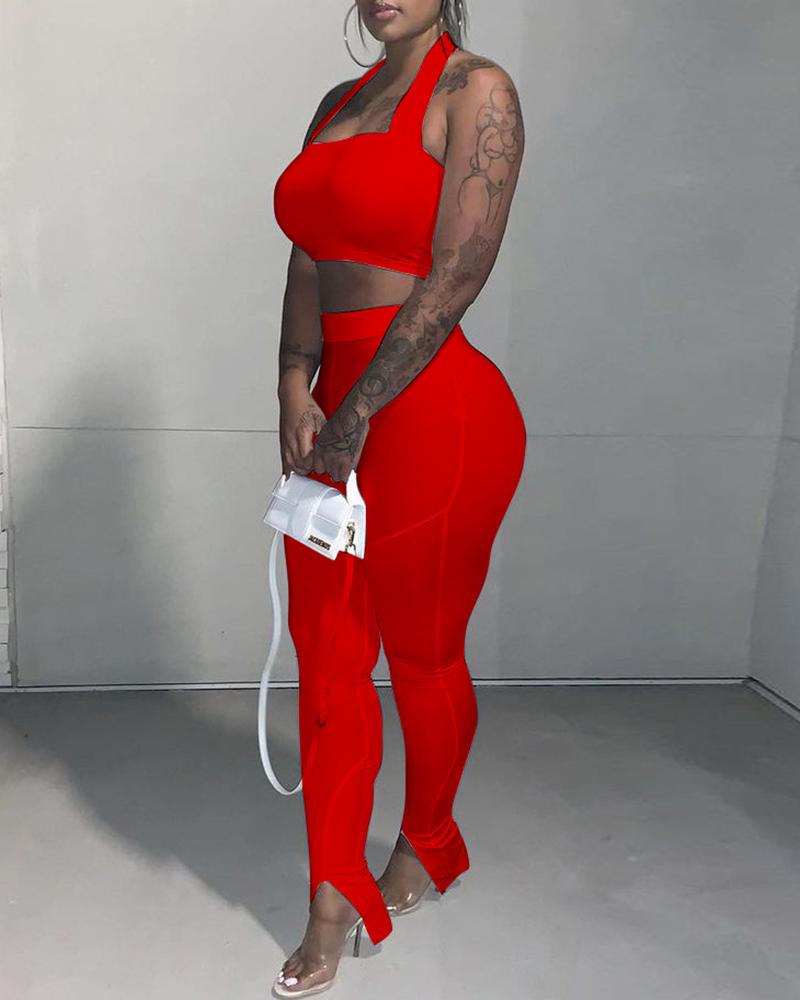 

Halter Backless Crop Top & High Waist Slit Pants Set, Red