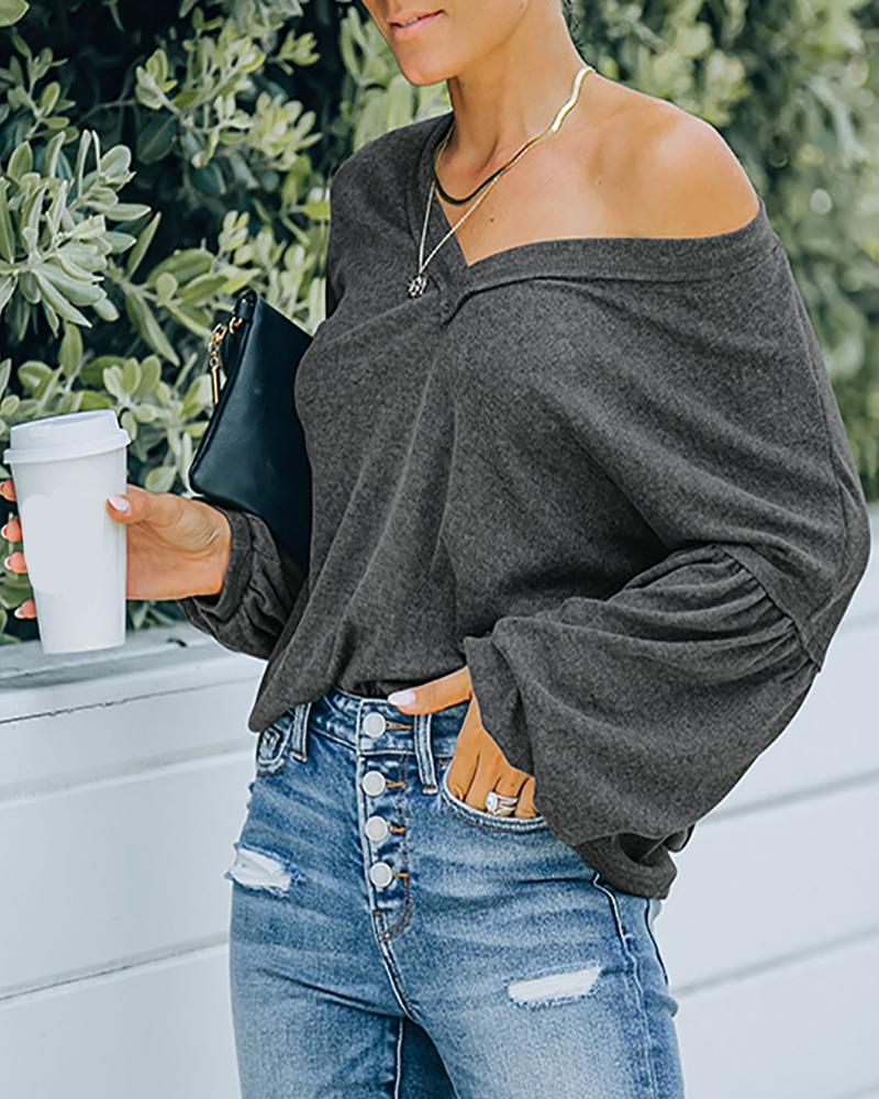 

Lantern Sleeve V Neck Casual Top, Gray
