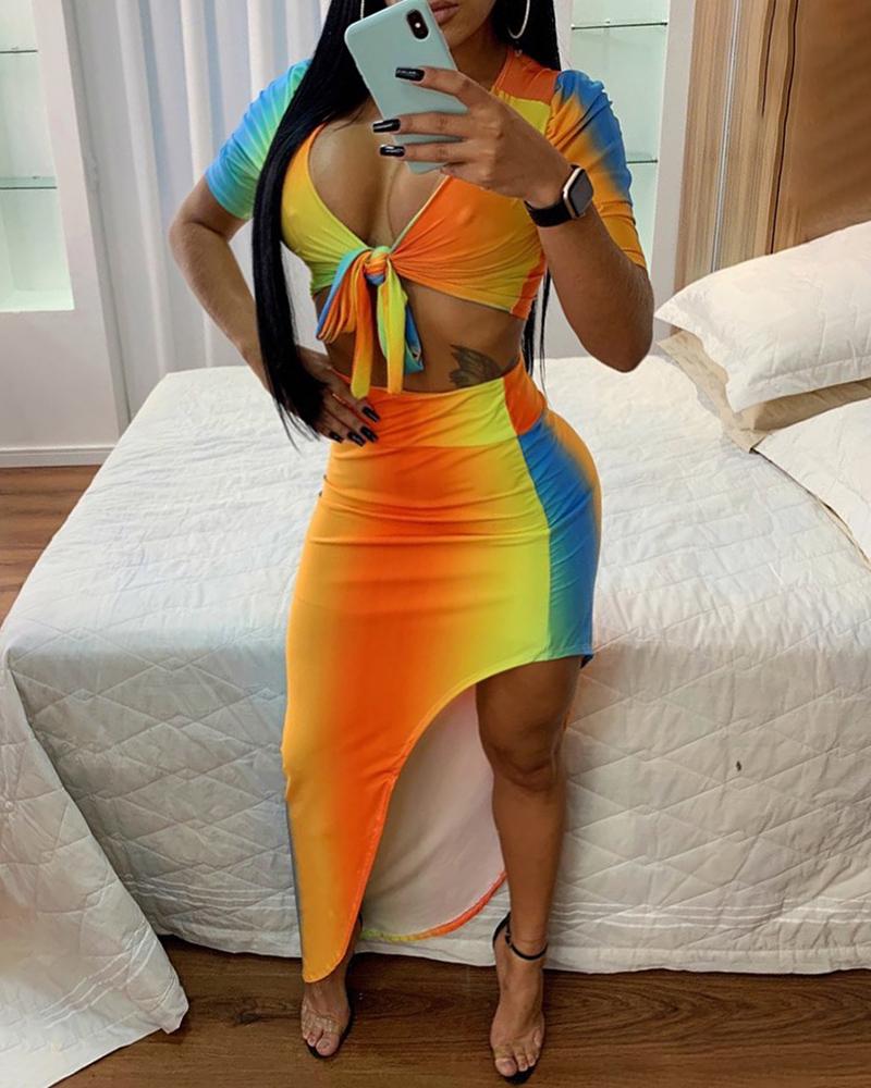 

Colorblock Knotted Crop Top & Asymmetrical Skirt Set, Orange