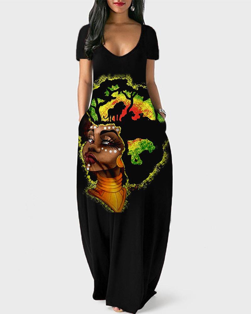 

Plus Size Figure Print Short Sleeve Maxi Dress, Black