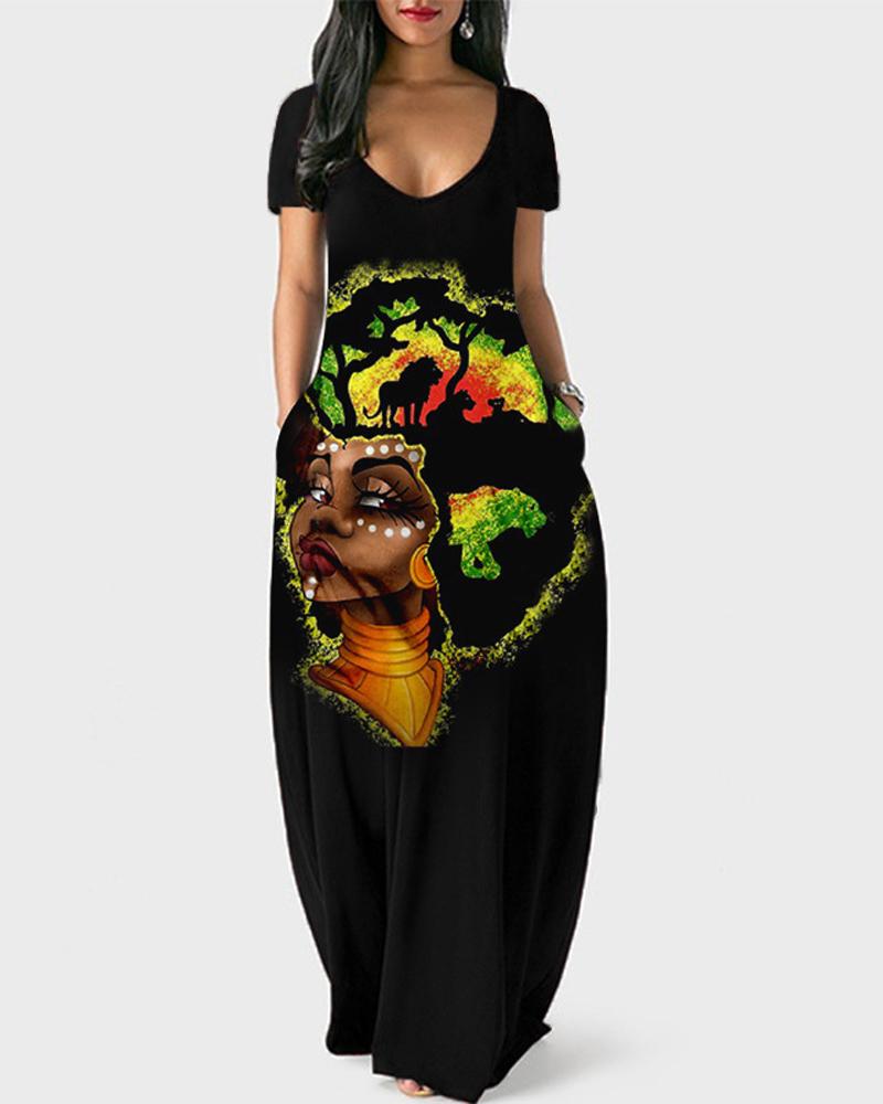 Plus Size Figure Print Short Sleeve Maxi Dress