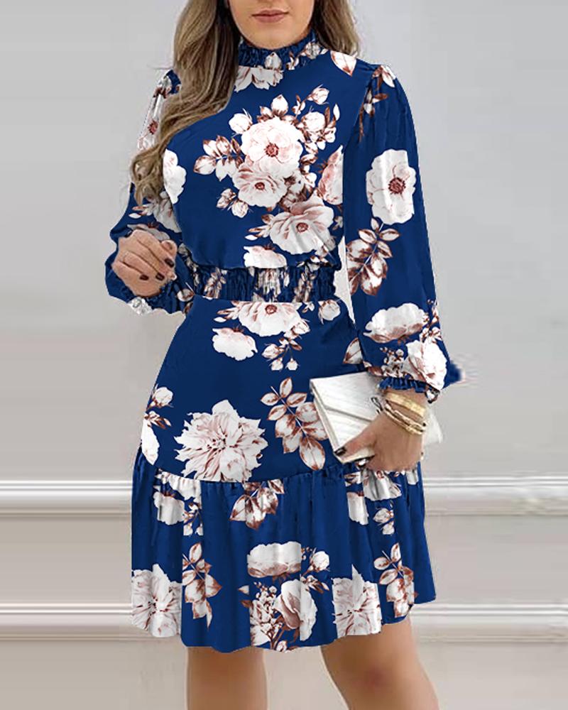 

Floral Print Lantern Sleeve Shirred Ruffles Dress, Purplish blue
