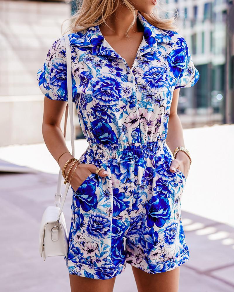 

Floral Print Pocket Design Romper, Blue