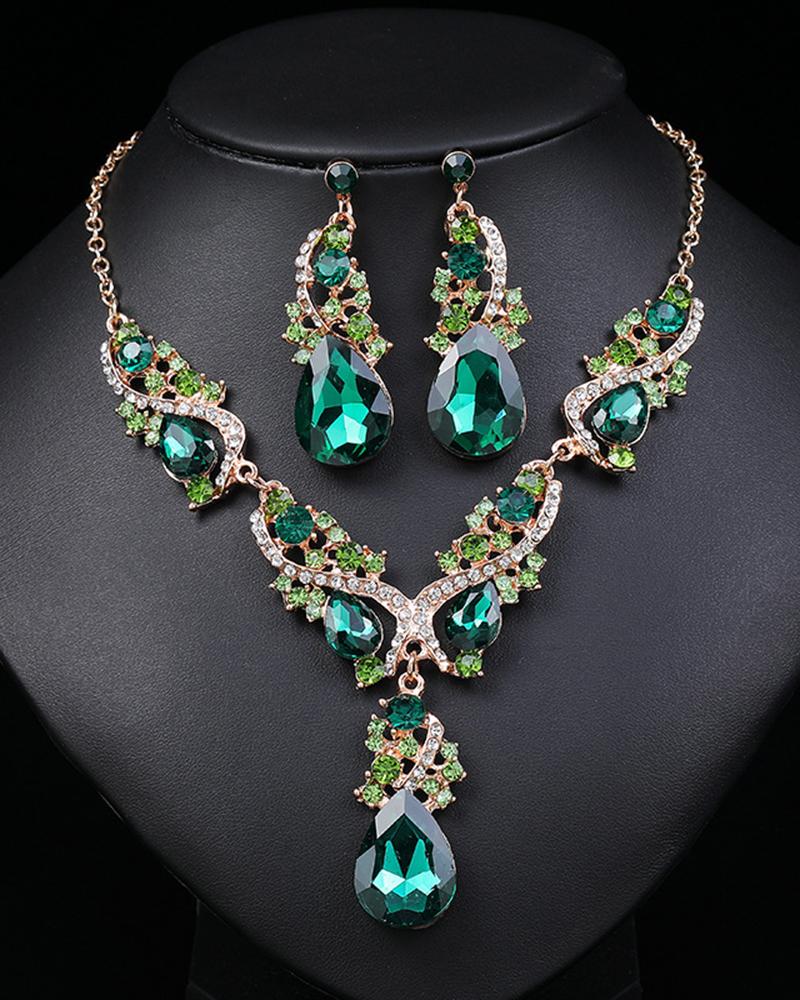 

2pcs Hollow Out Gem Stone Waterdrop Pedant Necklace & Earrings Jewelry Set, Green