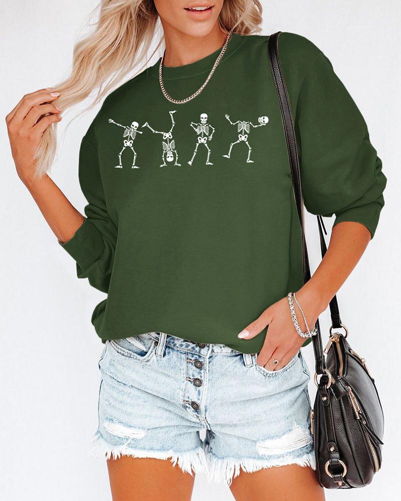 

Halloween Skull Skeleton Print Long Sleeve Sweatshirt, Green