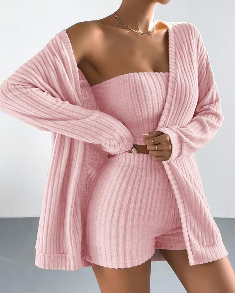 

Bandeau Crop Top & Shorts Set With Cardigan, Pink