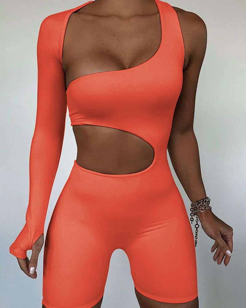 

Solid Color Cut-out Skinny Long Sleeve Yoga Jumpsuit, Orange