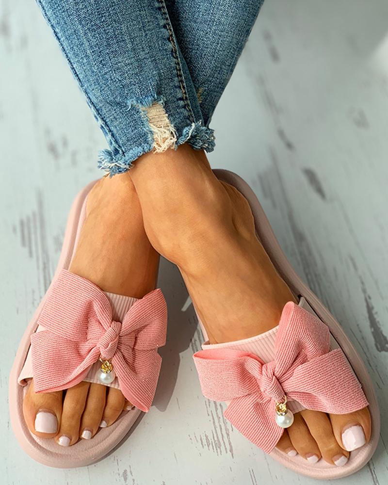 

Beaded Decor Bowknot Pattern Flat Sandals, Pink