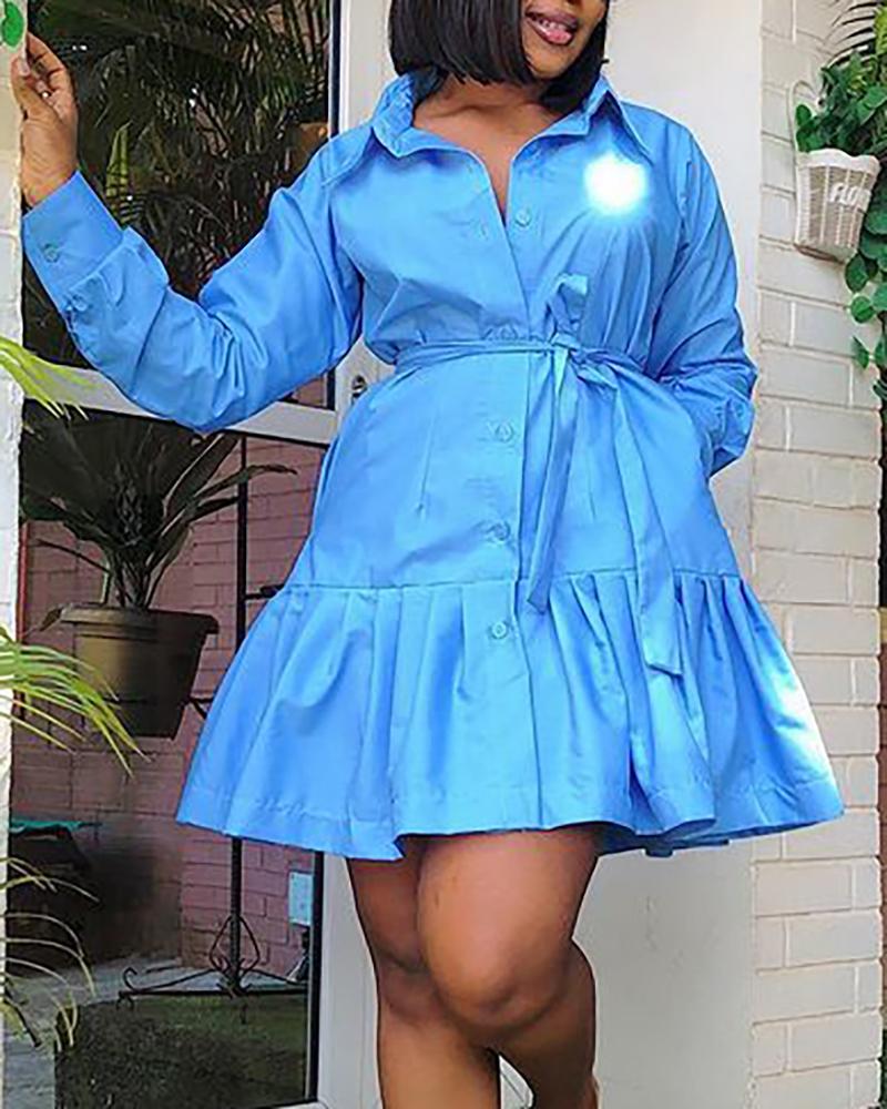 

Buttoned Pocket Design Pleated Shirt Dress With Belt, Blue