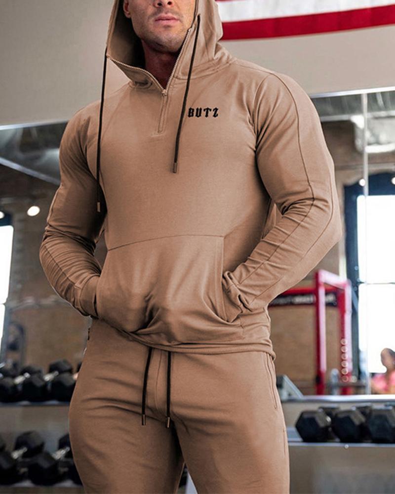 

Solid Logo Print Long Sleeve Hooded Sweatshirt, Khaki