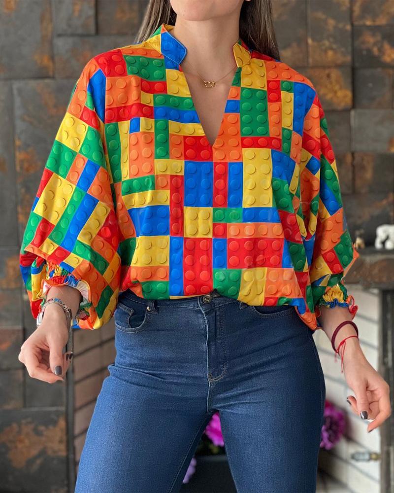

Geometric Print Lantern Sleeve Top, Multicolor