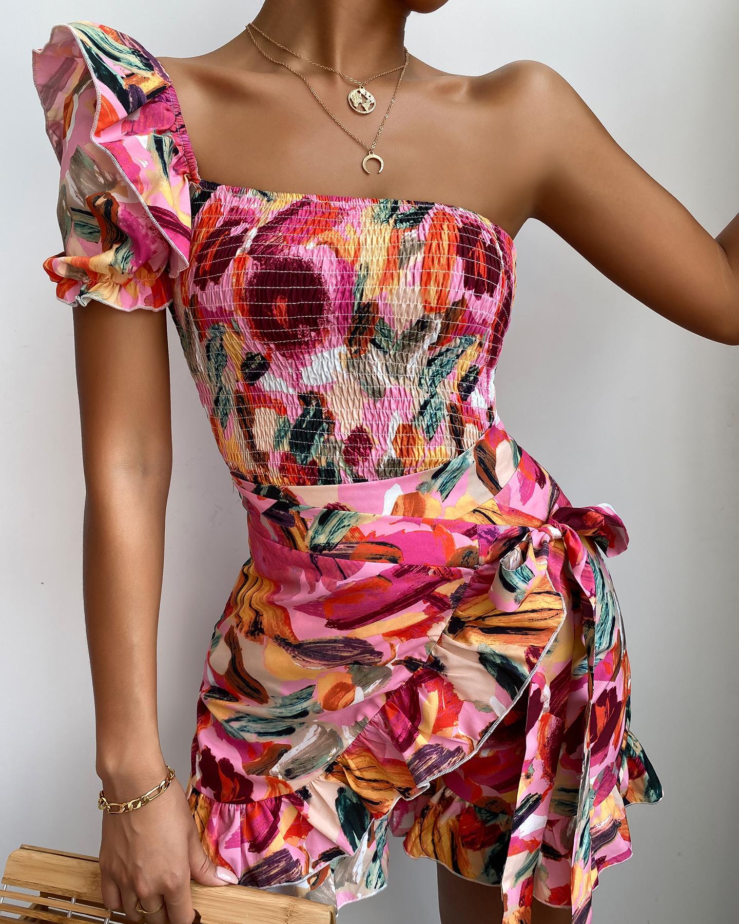 

Floral One Shoulder Shirring Top & Wrap Skorts, Multicolor
