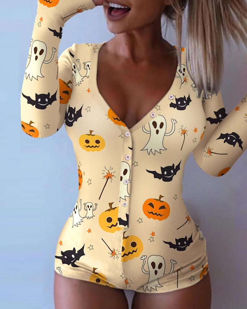 

Halloween Graphic Print Long Sleeve Adult Onesie, Apricot