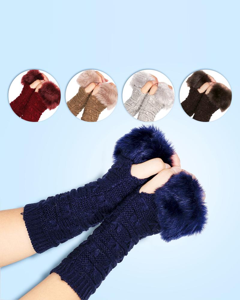 

1Pair Fuzzy Trim Bowknot Textured Knit Fingerless Gloves, Purplish blue