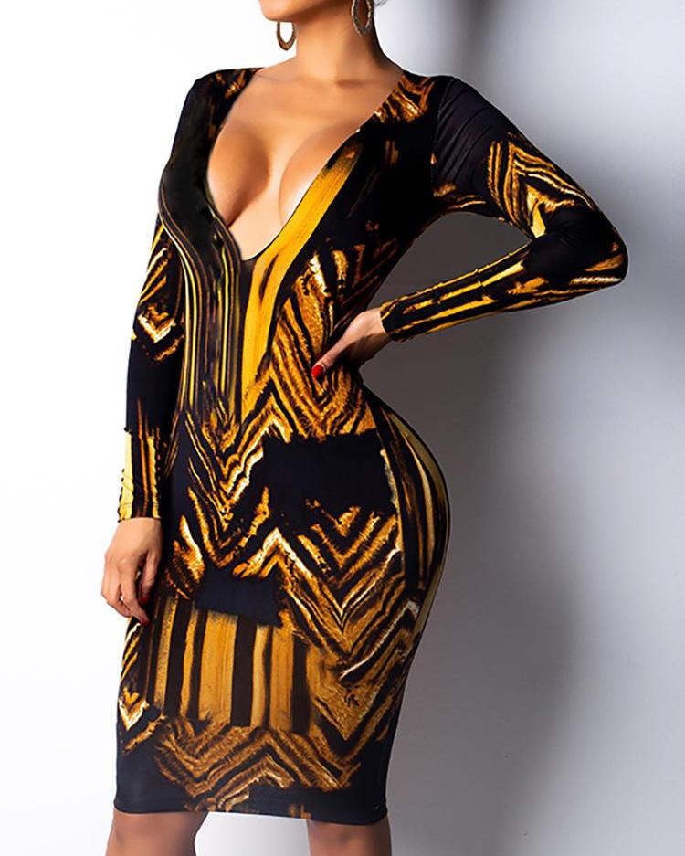 

Abstract Pattern Deep V-Neck Long Sleeve Dress, Dark yellow