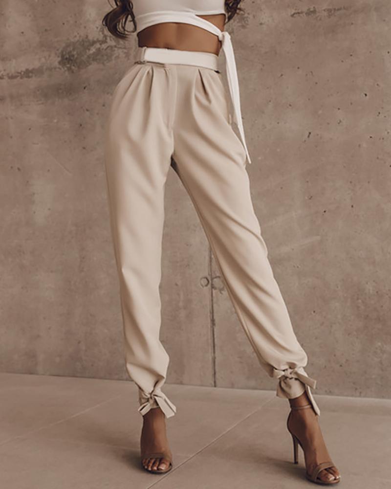 

Tied Detail High Waist Casual Pants, Apricot