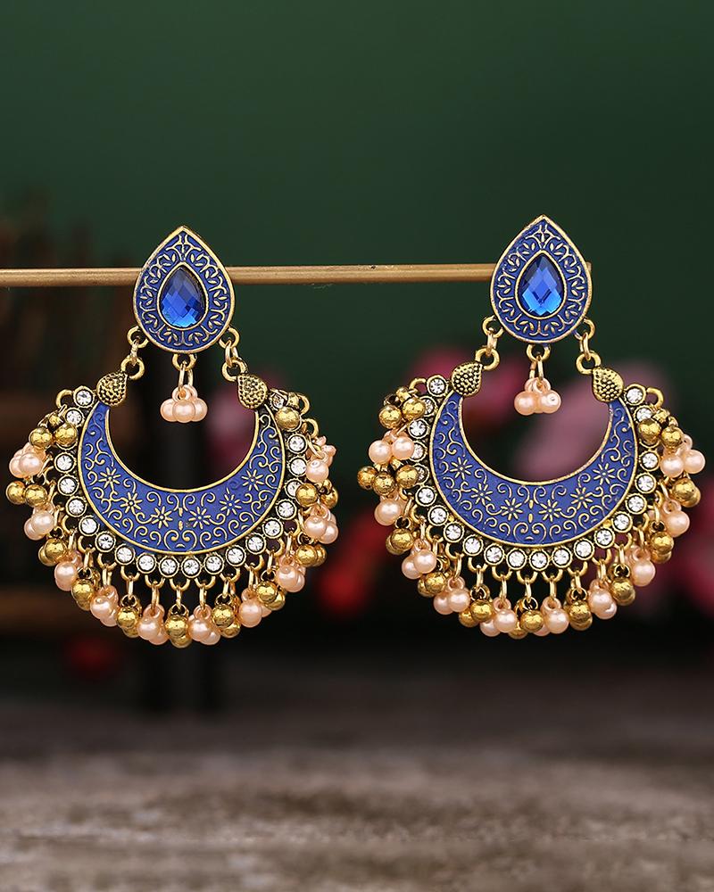 

1Pair Hollow Out Moon Beaded Tassel Geometric Hoop Earrings, Dark blue