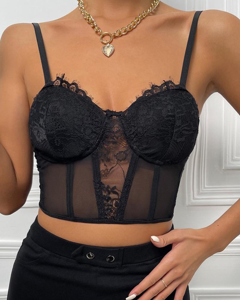 

Sheer Mesh Lace Crop Cami Top, Black
