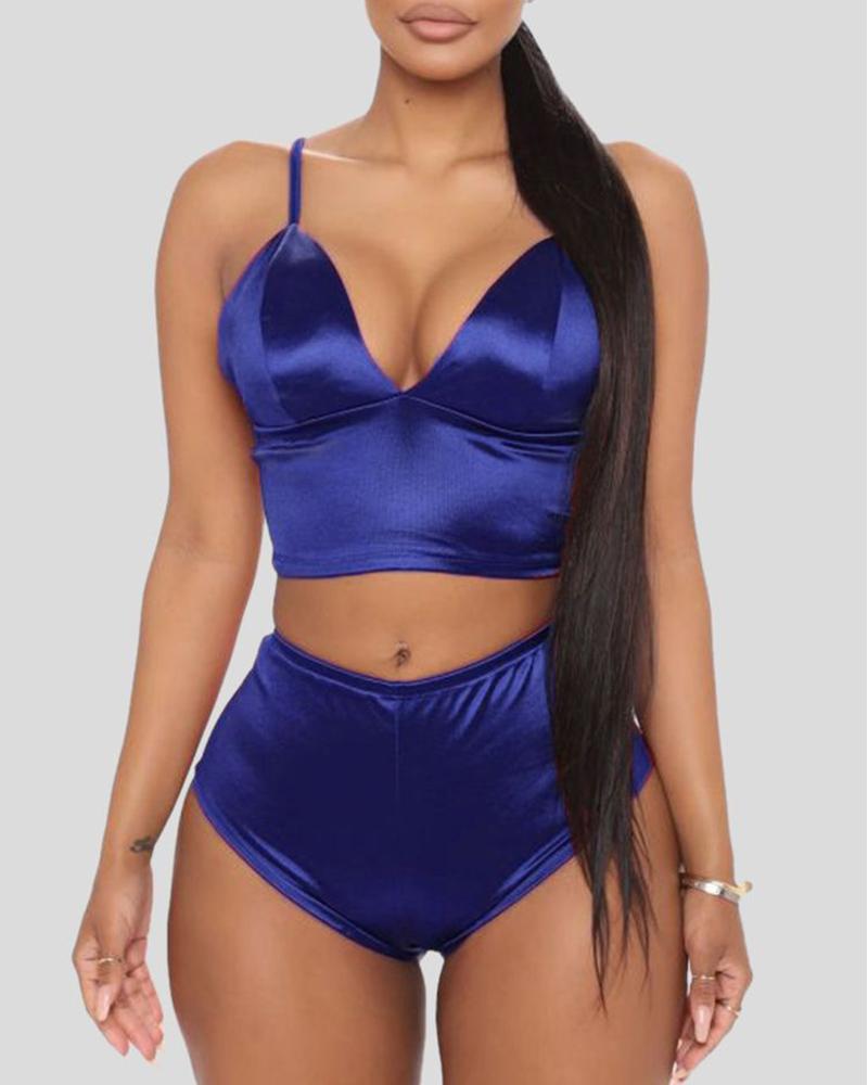 

Satin Spaghetti Strap Lingerie Set, Blue