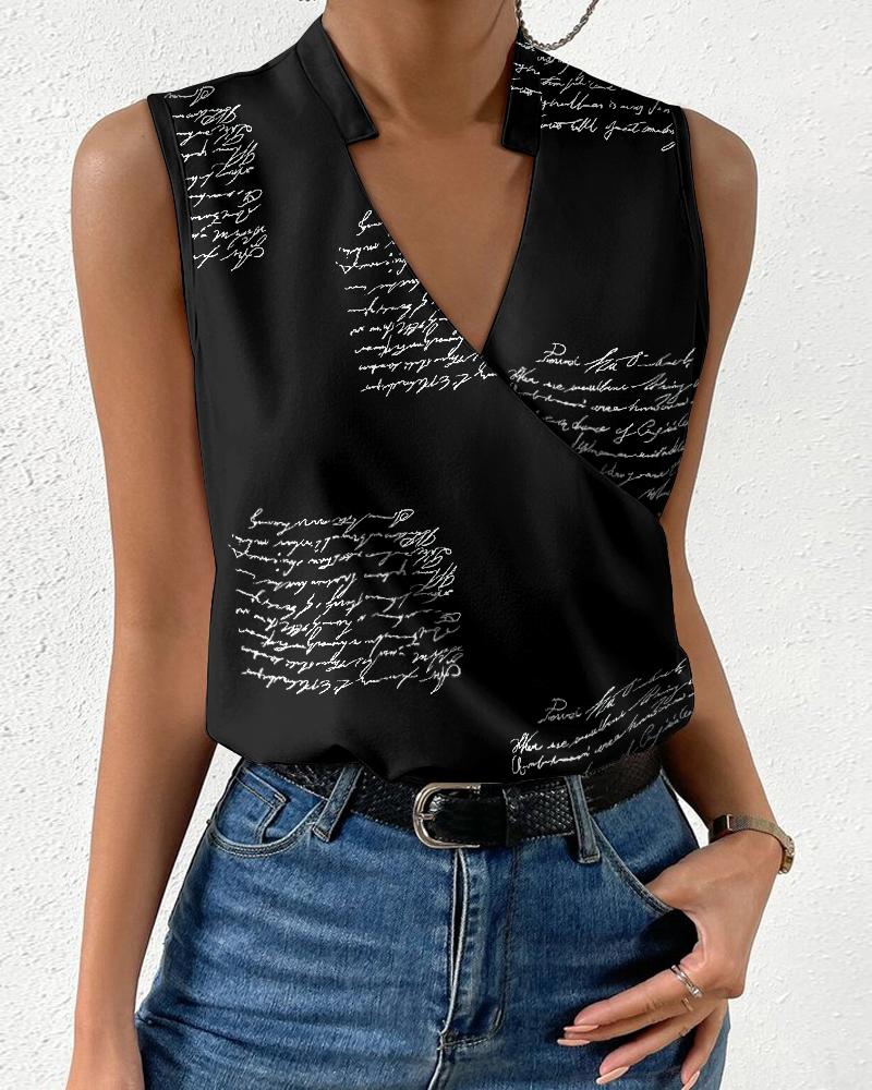 

Letter Print Notch Neck Wrap Sleeveless Blouse, Black