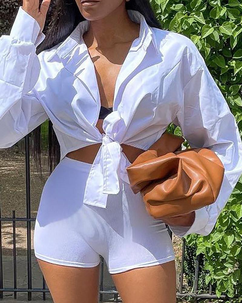 

Knotted Front Shirt & High Waist Shorts Set, White