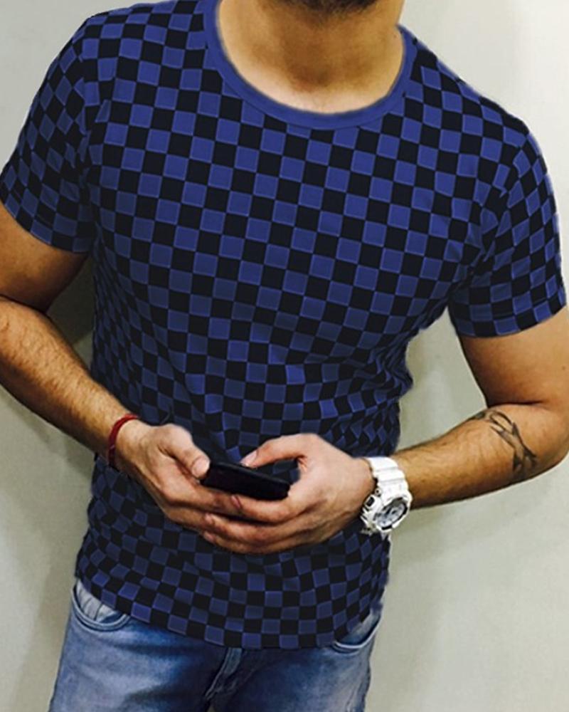 

Color Block Plaid Short Sleeve T-shirt, Blue