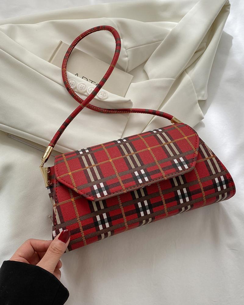 

Plaid Pattern Baguette Bag, Red