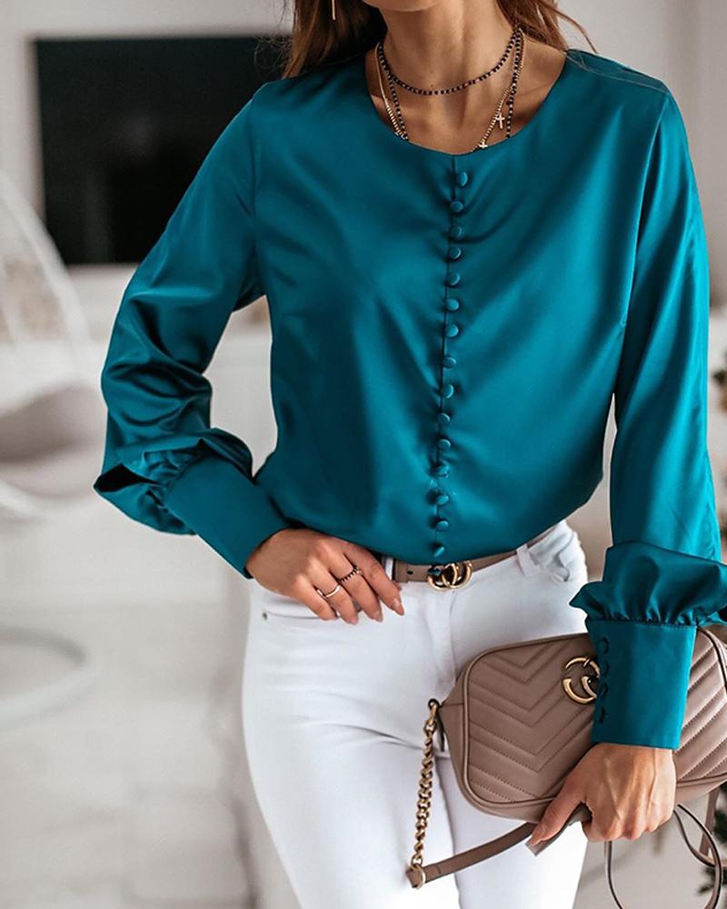 

Solid Button-Up Satin Blouse, Blue