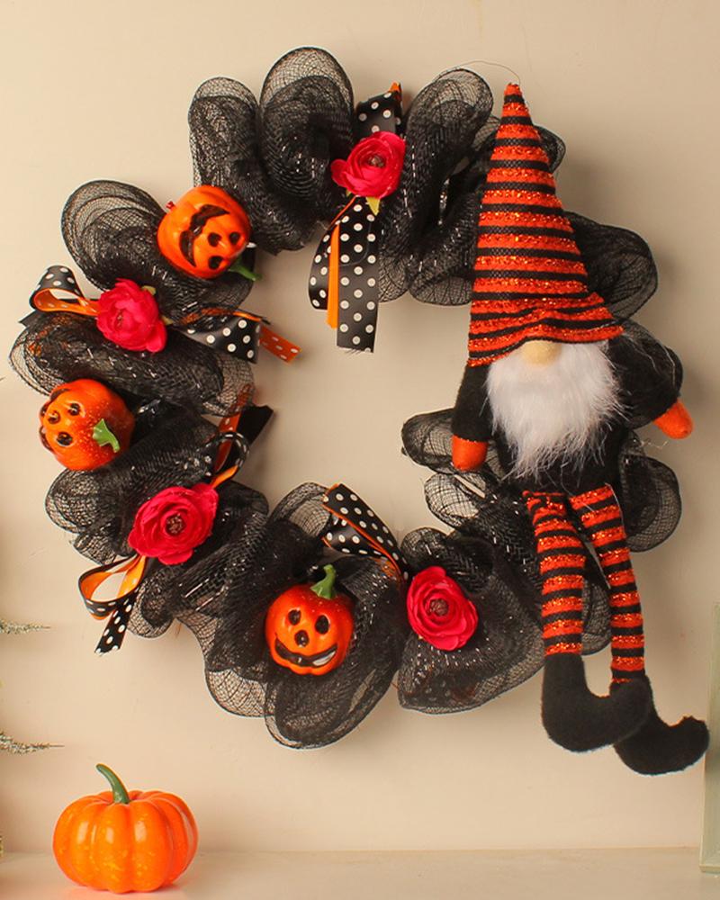 

1pc Halloween Ruched Sheer Mesh Floral Pumpkin Gnome Wreath Front Door Decoration, Black