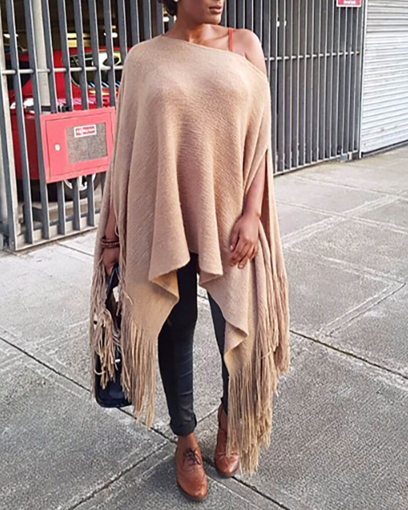 

Plus Size Fringe Hem Longline Cape Top, Khaki