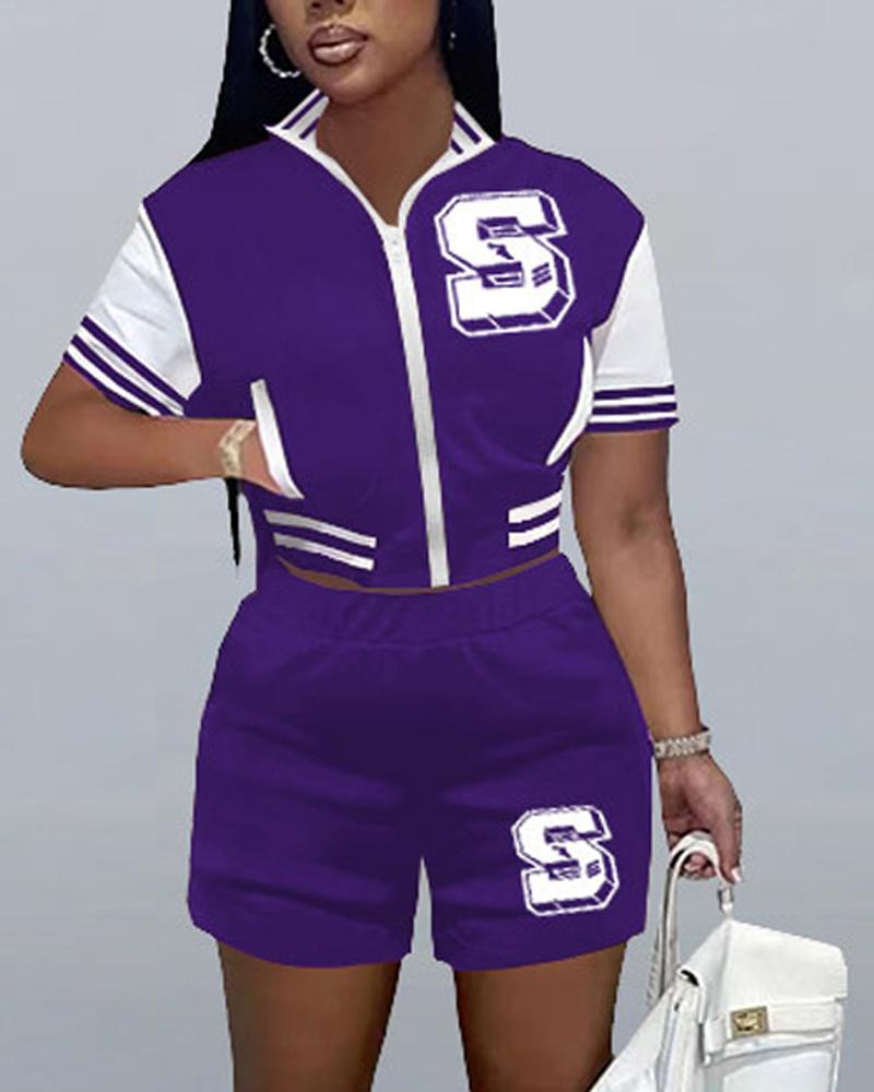 

Contrast Paneled Letter Patch Zip Up Crop Top & Shorts Set, Purple